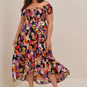 NWT Torrid Floral Print Rainbow Colorful Maxi Challis Off-Shoulder Smocked Dress
